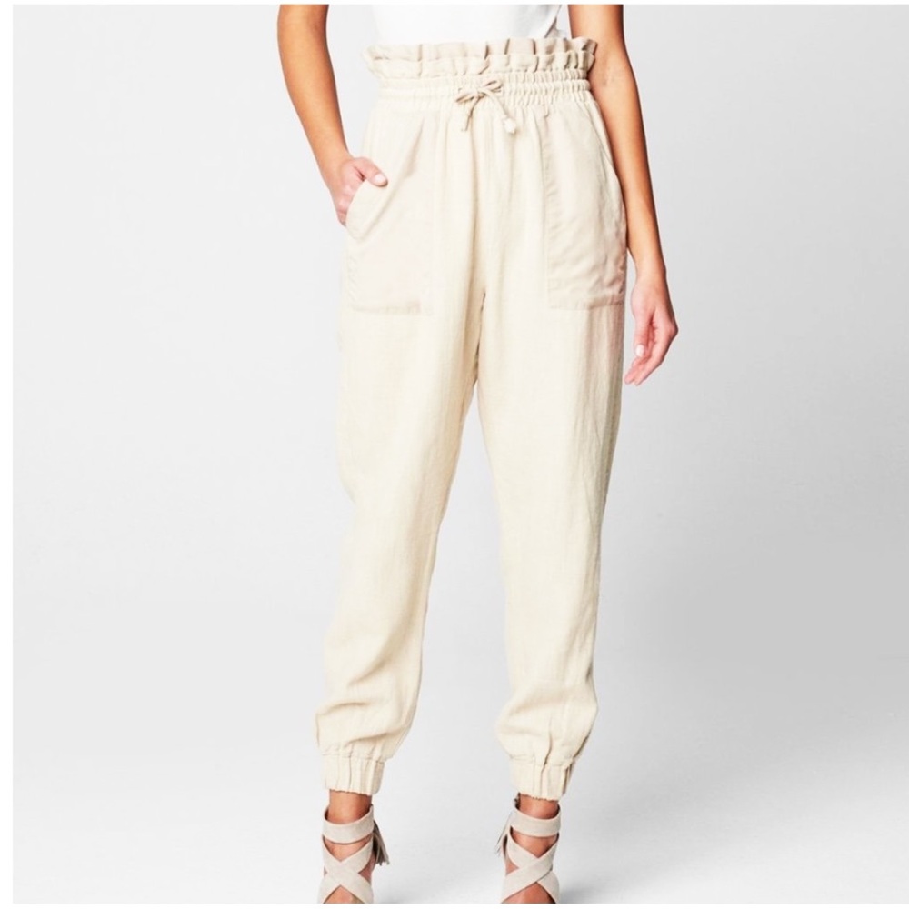 BLANK NYC CREAM PAPER BAG WAIST JOGGERS PANTS AWAY FROM HERE DRAWSTRING …